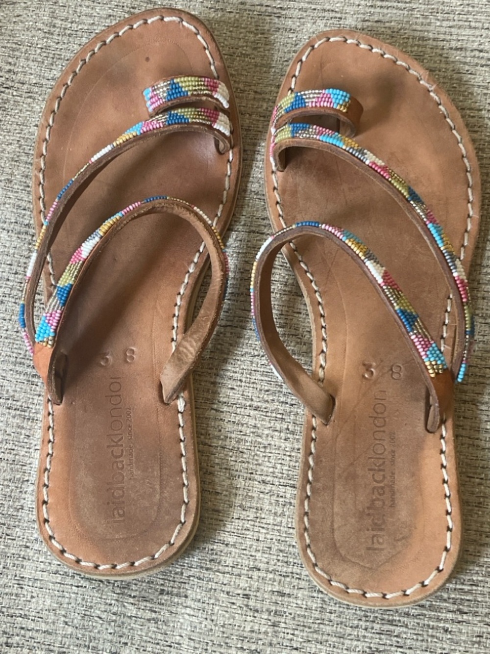 Handmade Brown Leather Beaded Strappy Sandals - Multicolor Accent - Picture 2 of 3
